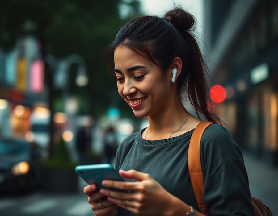 A person listening with earbuds while walking through a city